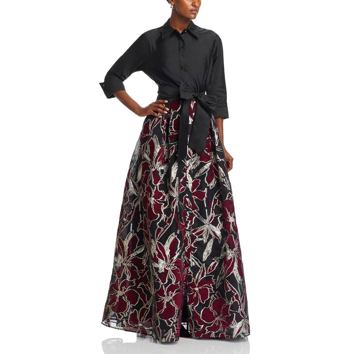 New Teri Jon Metallic Taffeta Floral Dress Gown In Black